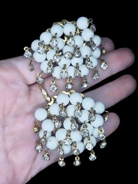 Vintage Mid-Century White Rhinestone Cluster Cha-Cha Earrings